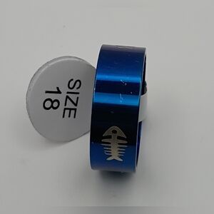 Men’s Blue Stainless Steel Fish Bone Band Ring | Y2K Punk Goth Style | US Size 9
